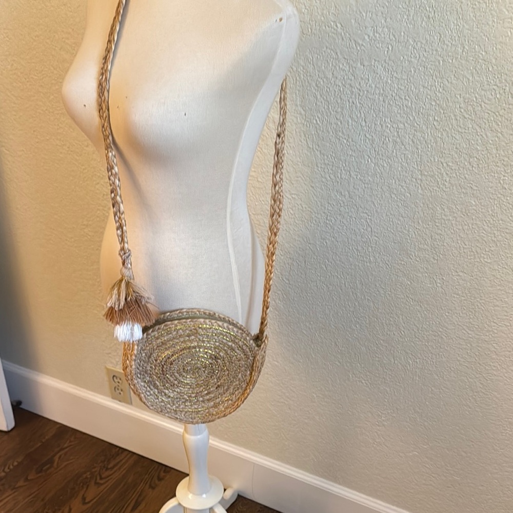 Tan Woven Crossbody Bag, Disc Shape